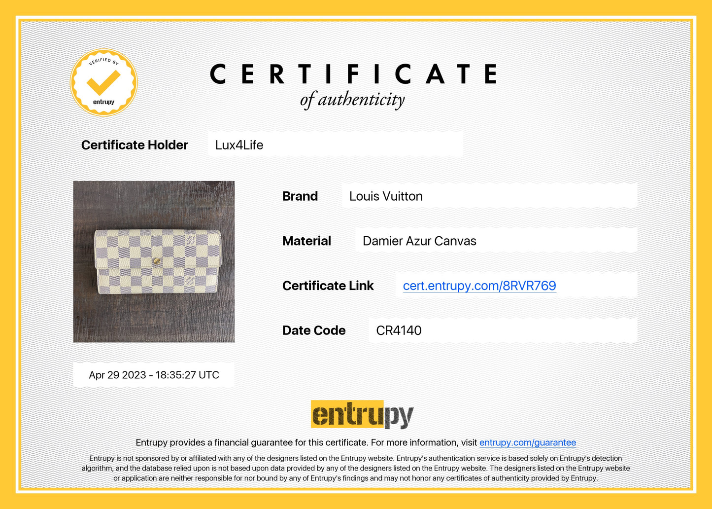 LOUIS VUITTON DAMIER AZUR SARAH LONG BIFOLD WALLET