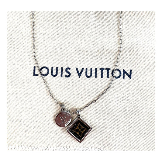 LOUIS VUITTON Monogram Canvas And Silver Square Necklace