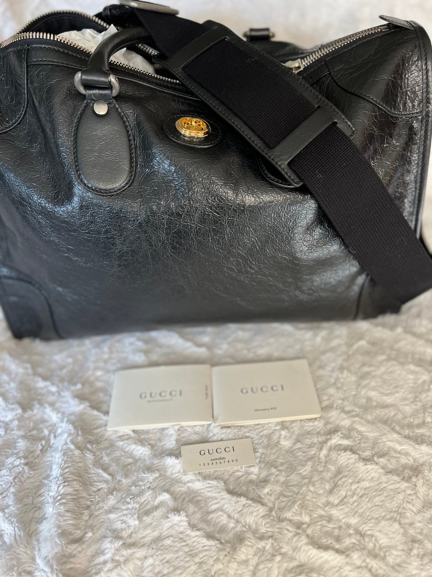 GUCCI GG BLACK LEATHER Zip Convertible DUFFLE Weekend Shoulder BAG